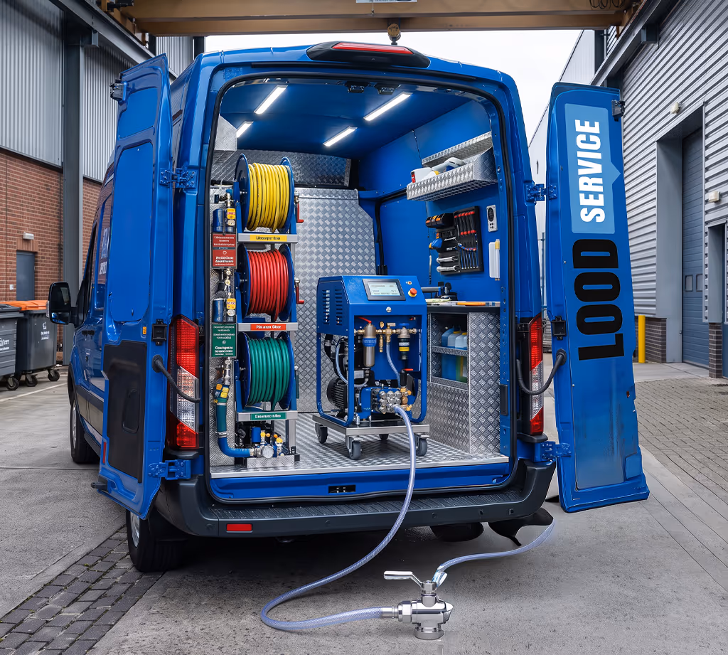 LoodService servicebus met open laadruimte, hogedrukreiniger, haspels en professionele uitrusting voor ontstoppingen en loodgieterswerk